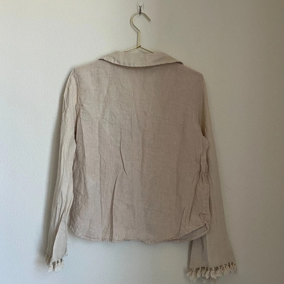 Zara Linen Fringe Bell Sleeve Button Down in Beige - Picture 5 of 6